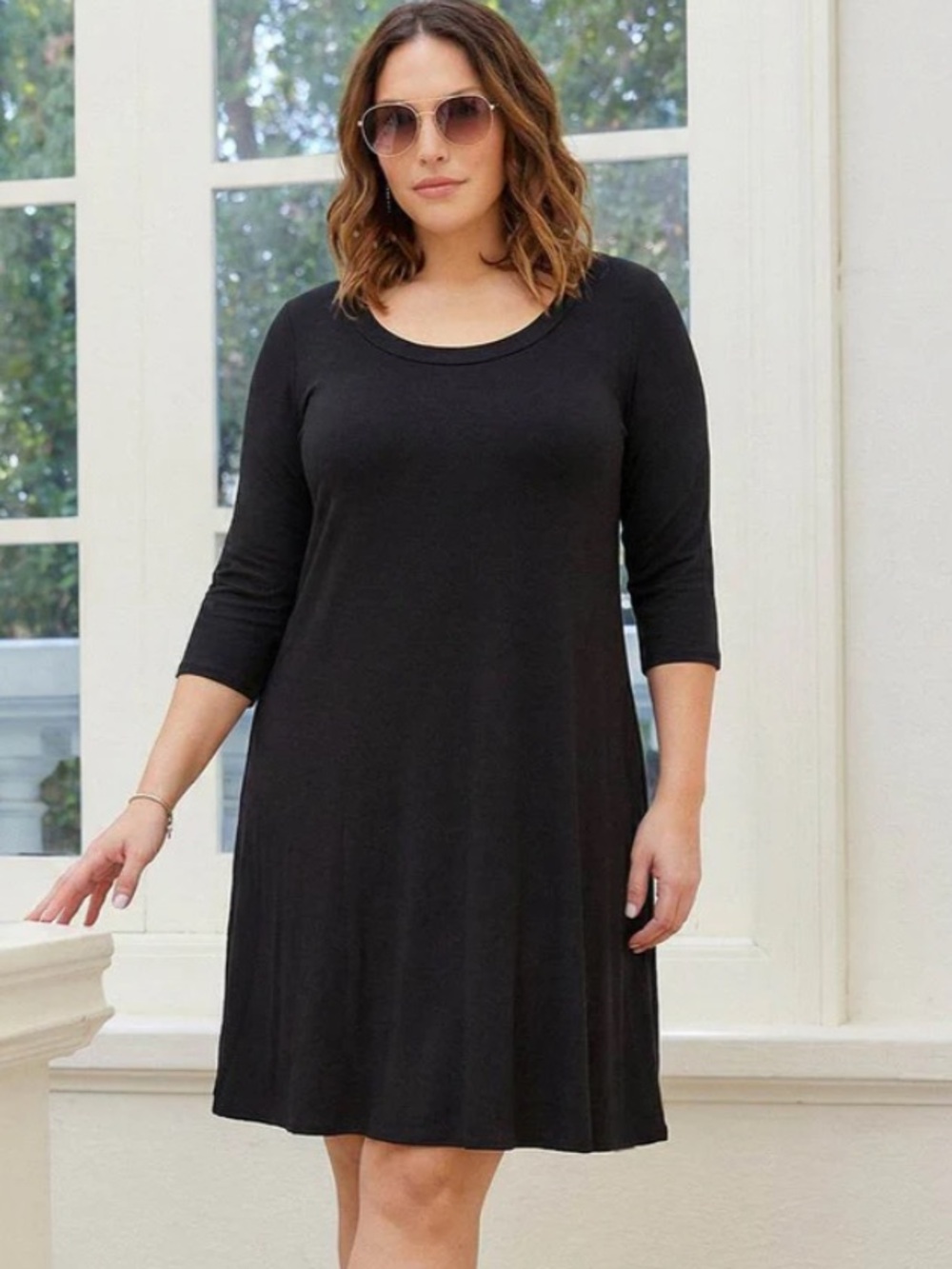 Karen Kane Plus Size Black A-line Round Neck 3/4 Sleeve Dress XL Made in USA